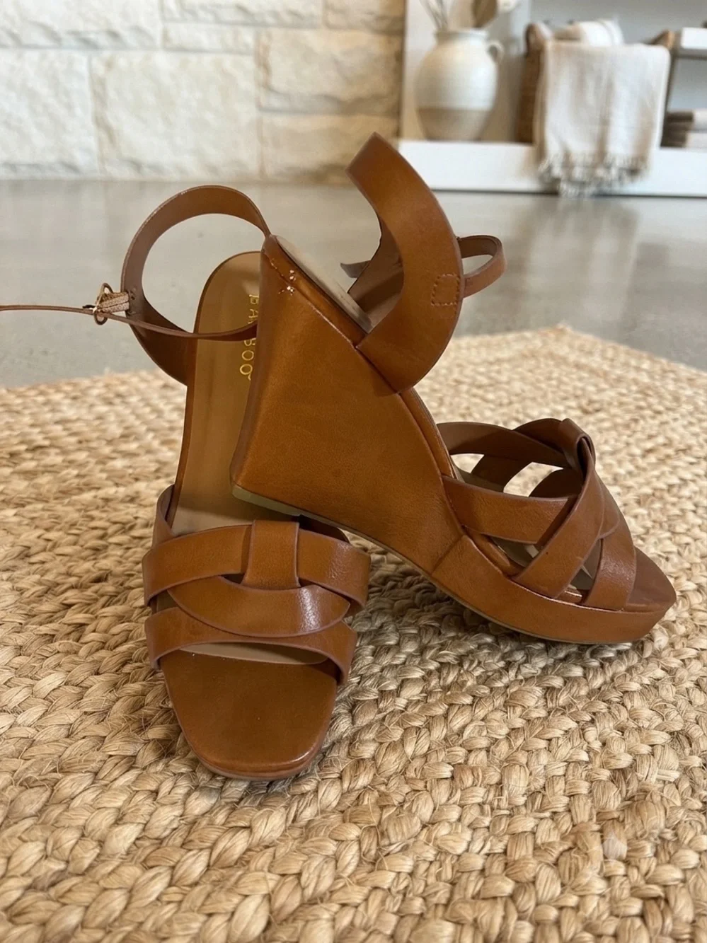 BAMBOO Tan Wedge Sandals with Strappy Faux-Leather Upper